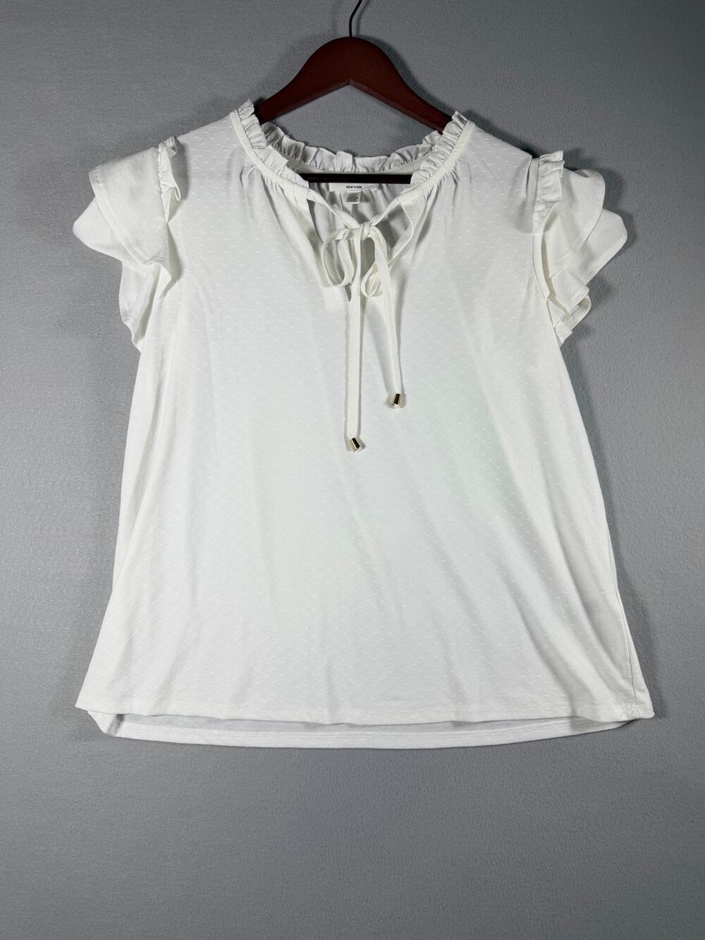 Rio & Rian New York Womens L White Swiss Dot Ruffle Flutter Sleeve Tie Neck Top